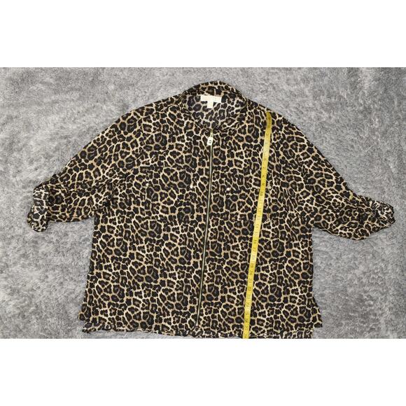 Michael Kors Brown Cheetah Button-Up Top, XL, Polyester Full Zip Long Sleeve - Picture 2 of 7